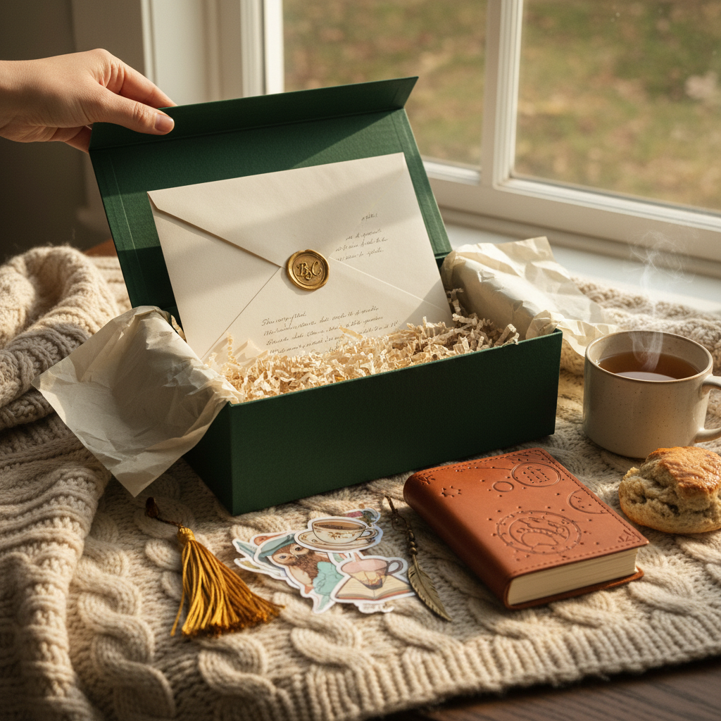 Unboxing a Writing with Wela Pen Pal subscription box revealing a handwritten letter with wax seal and bookish goodies
