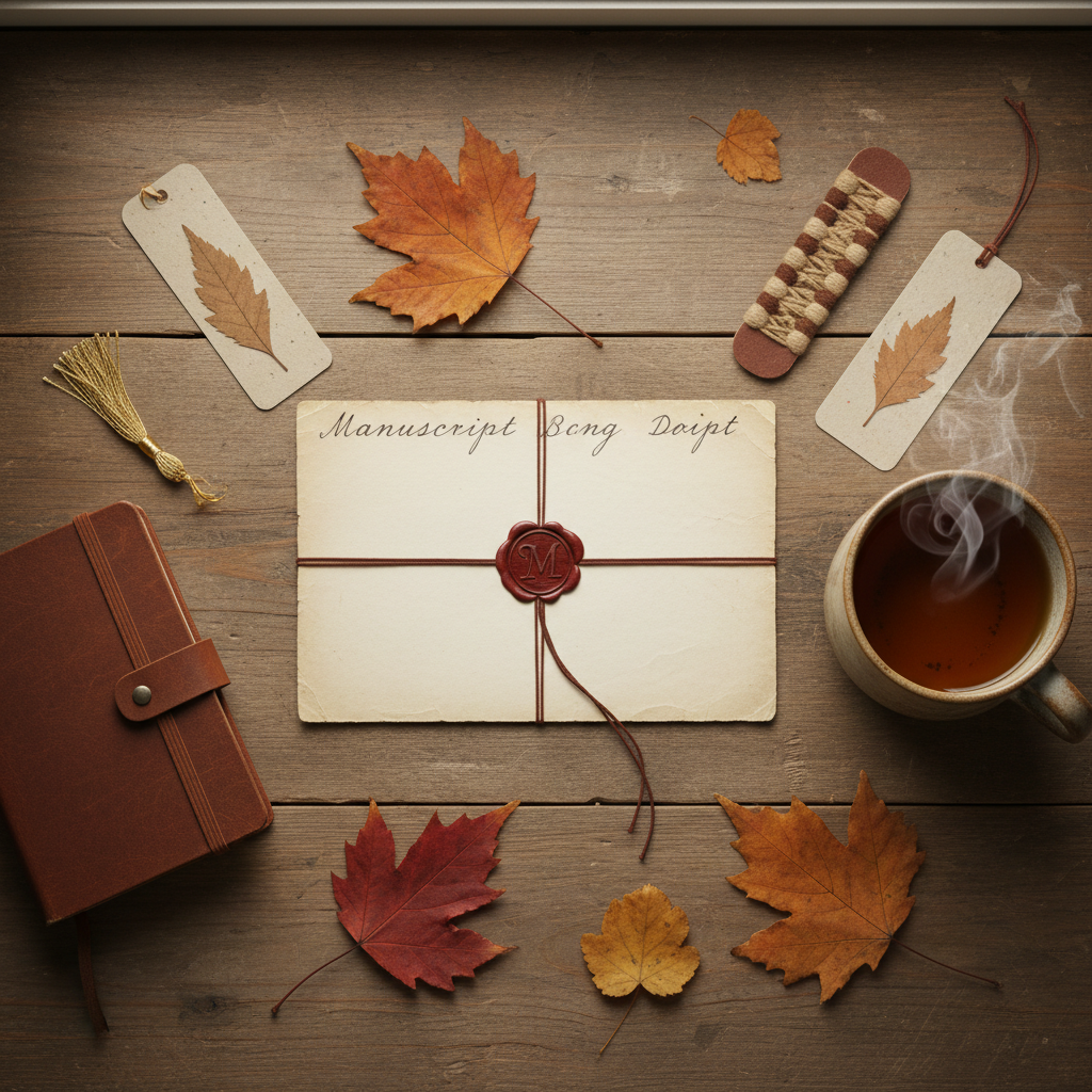 Flat lay of a handwritten letter with wax seal, bookmarks, journal, autumn leaves and tea on a rustic wooden desk